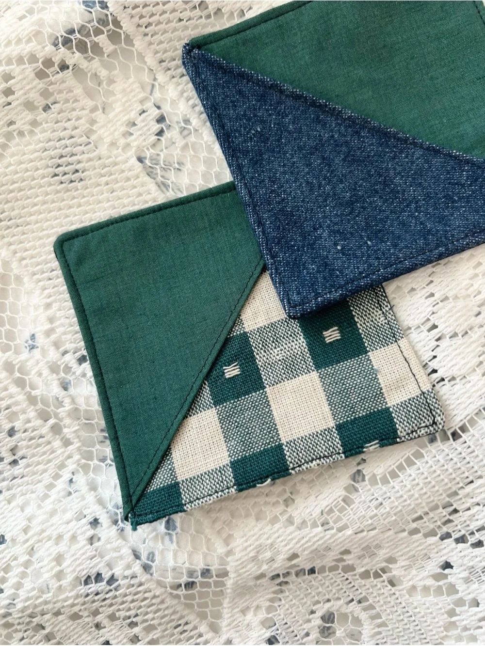 Handmade Green Gingham Navy Denim Corner Bookmark Set